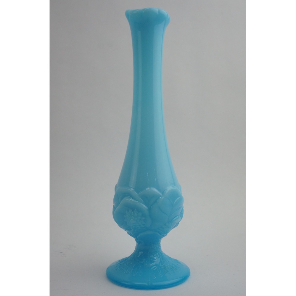 Fenton Blue Slag Glass Bud Vase Vintage Water Lily Floral Ruffled Rim EUC 10"